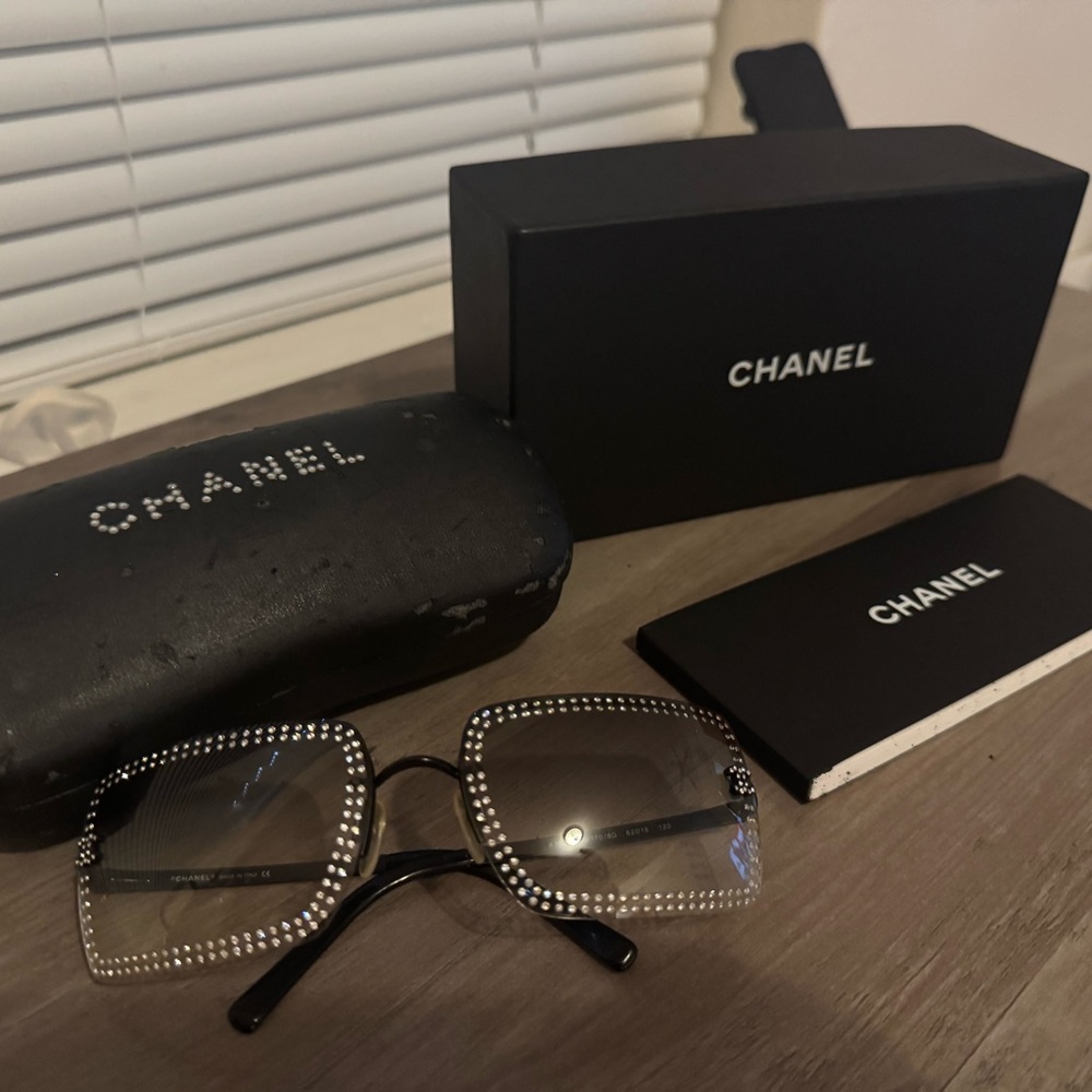 Chanel Black Crystals Embellished Rimless Sunglasses